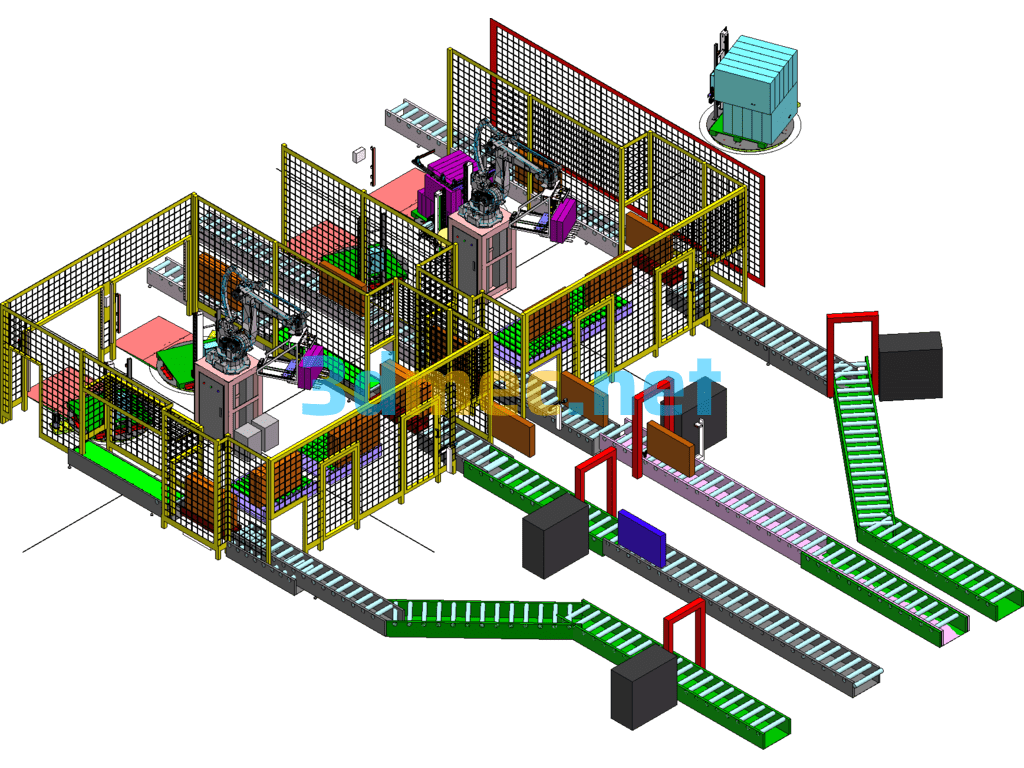 Dual Station Robot Palletizing Line SolidWorks 3D Model Free Download